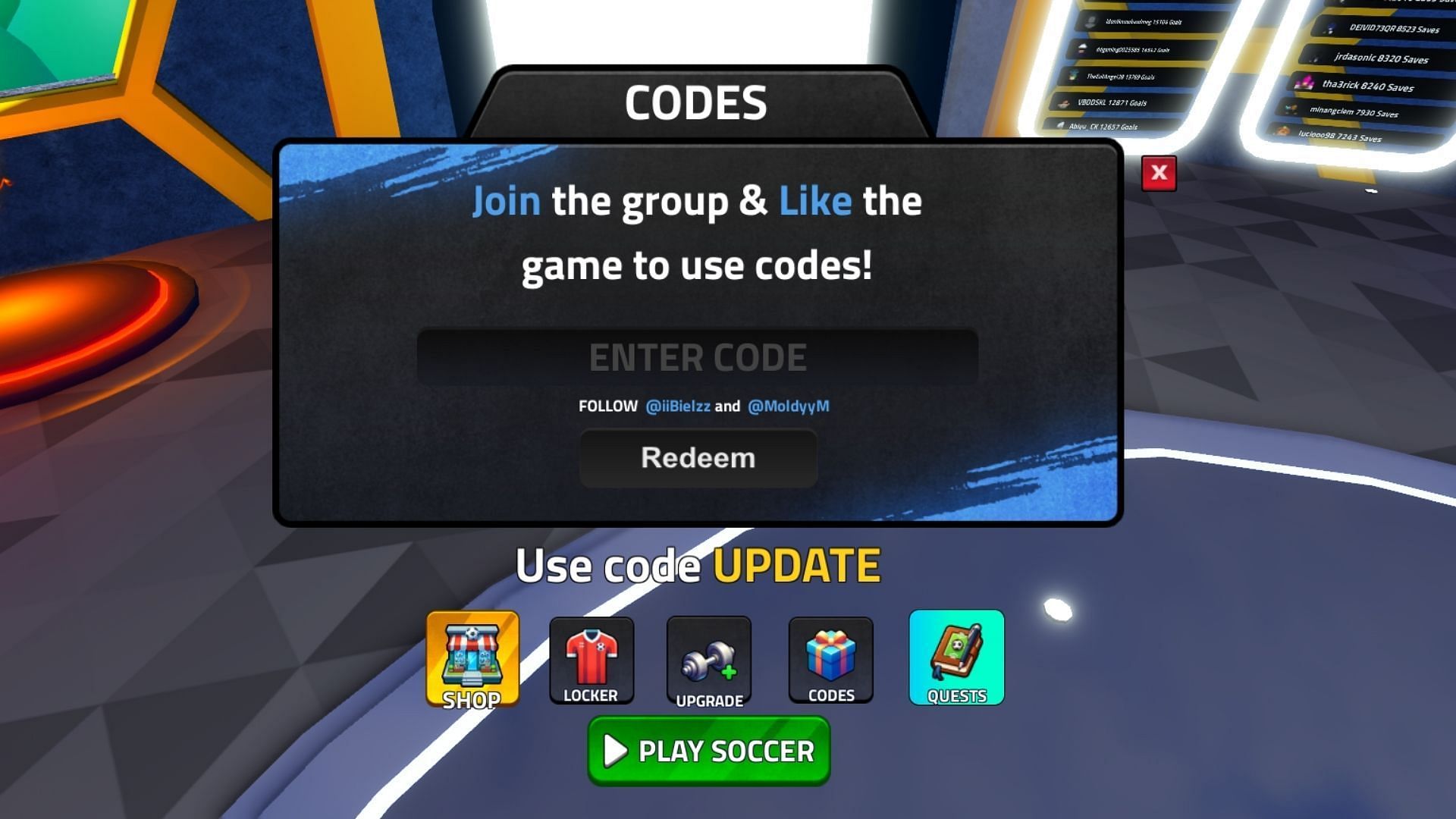 Redeem codes in Ultimate Soccer (Image via Roblox)